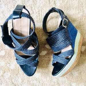 Loeffler Randall Lake Platform Woven Wedge Sandal Multi Navy Mint Natural Stripe